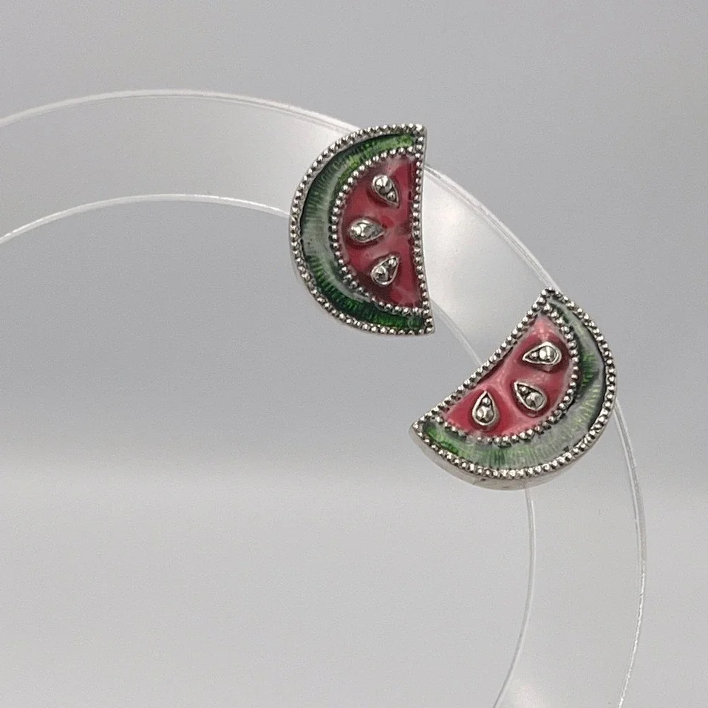 Avon Watermelon Slice Enamel Stud Earrings Silver Tone Vintage Summer Jewelry